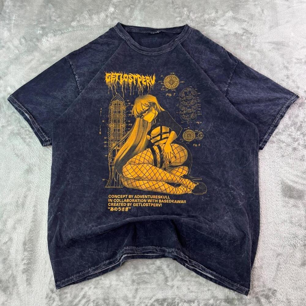 Get Lost Perv Adventureskull Anime Waifu Tee Mens L Black Acid Wash